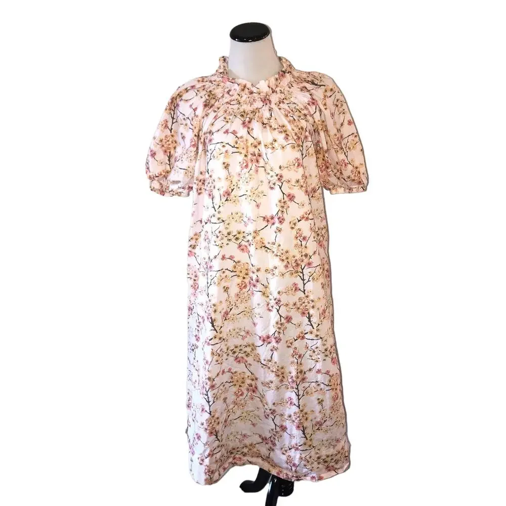 J. Crew Cherry Blossom Smocked Neck Puff Sleeve Dress